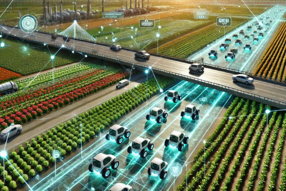 futuristic representation of traffic in a natural organic farmscape