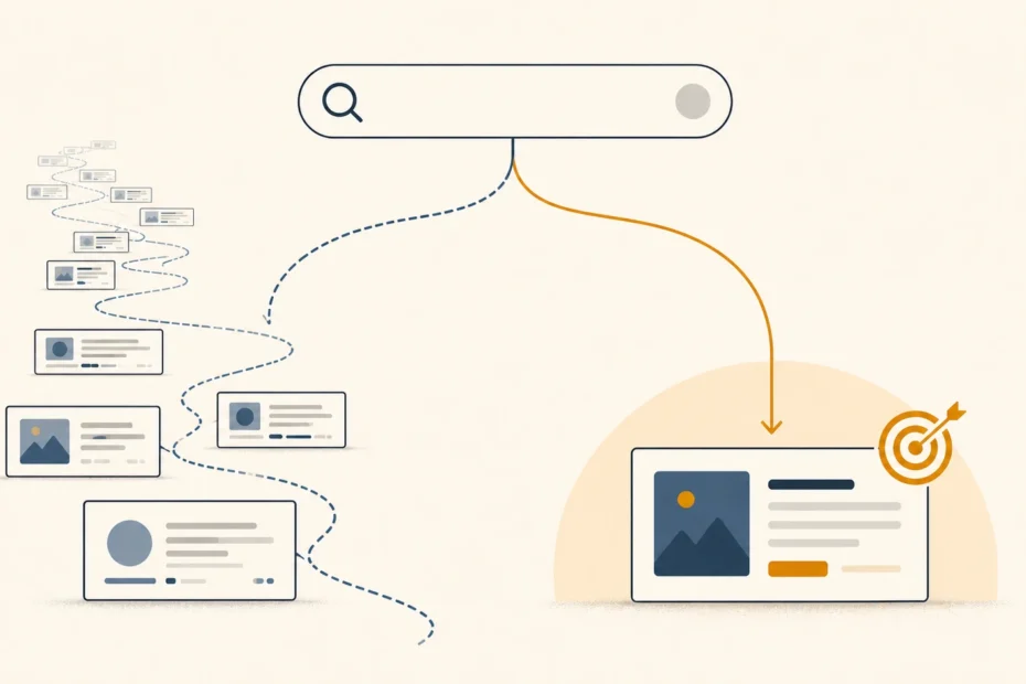A search bar with two paths: a long winding trail of generic pages versus a direct path to one targeted page with a bullseye.