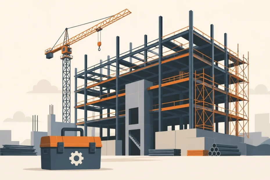 A small toolbox with a gear on its side sits in front of a much larger building under construction, with a crane and scaffolding.