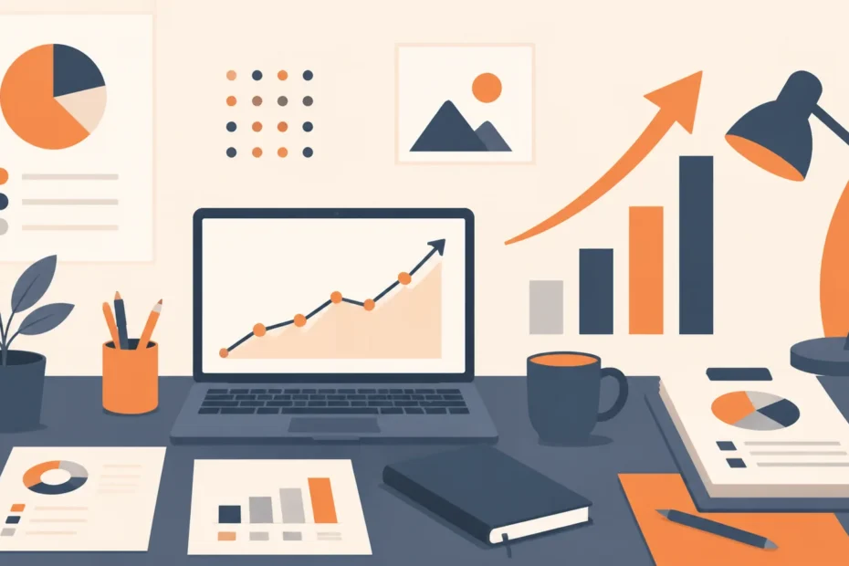 Flat illustration of a consultant desk with a laptop showing a rising analytics chart, bar graphs, and reports, in cream, slate, and orange