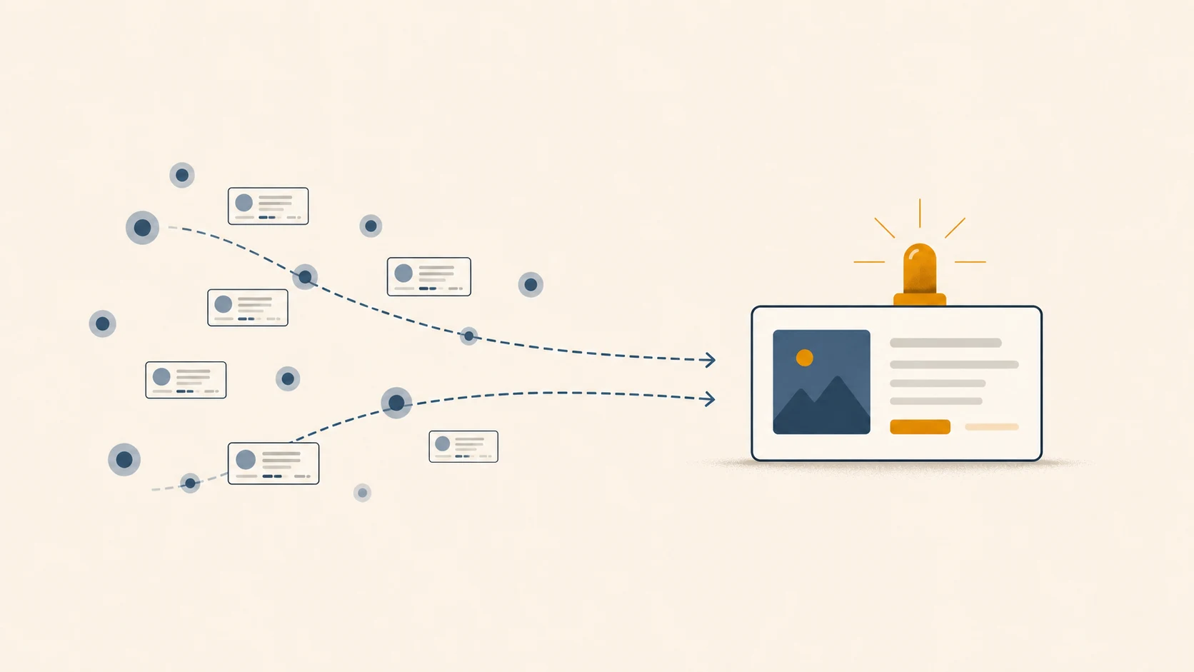 Scattered referral contacts converging into one focused web page that brings in inbound clients