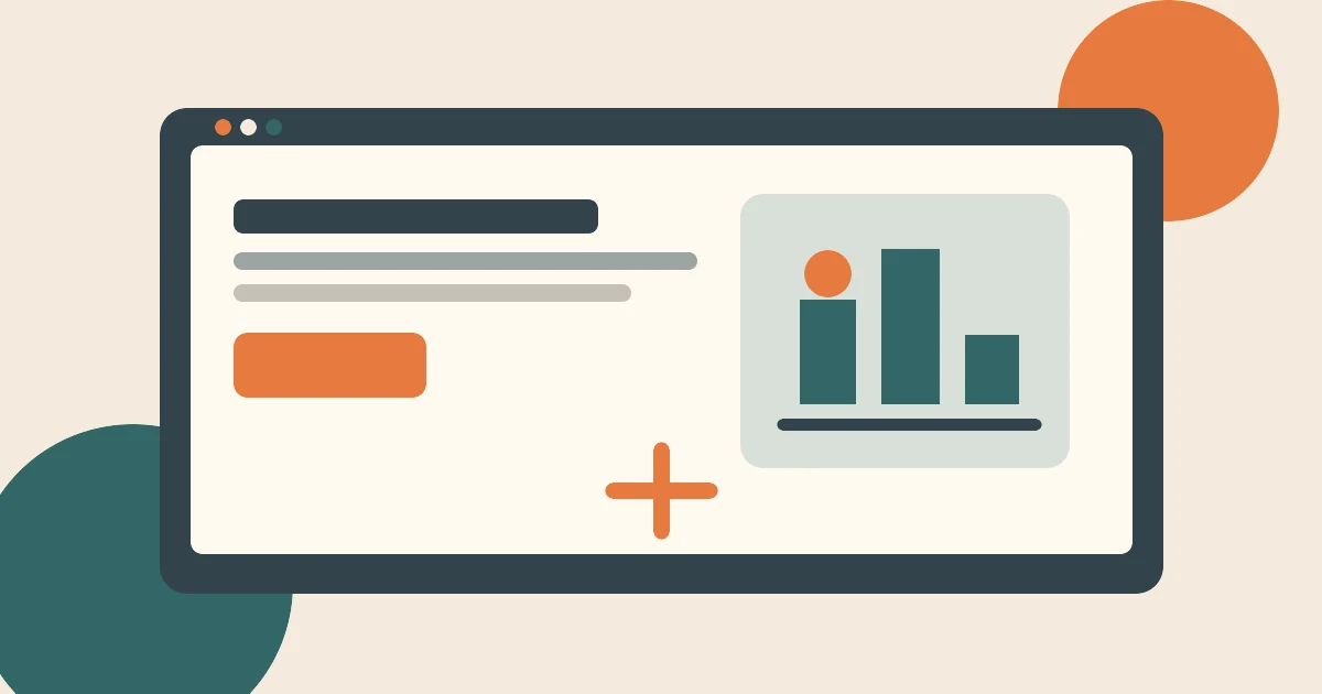 A small-business website dashboard with a rising bar chart and a clear next-step marker
