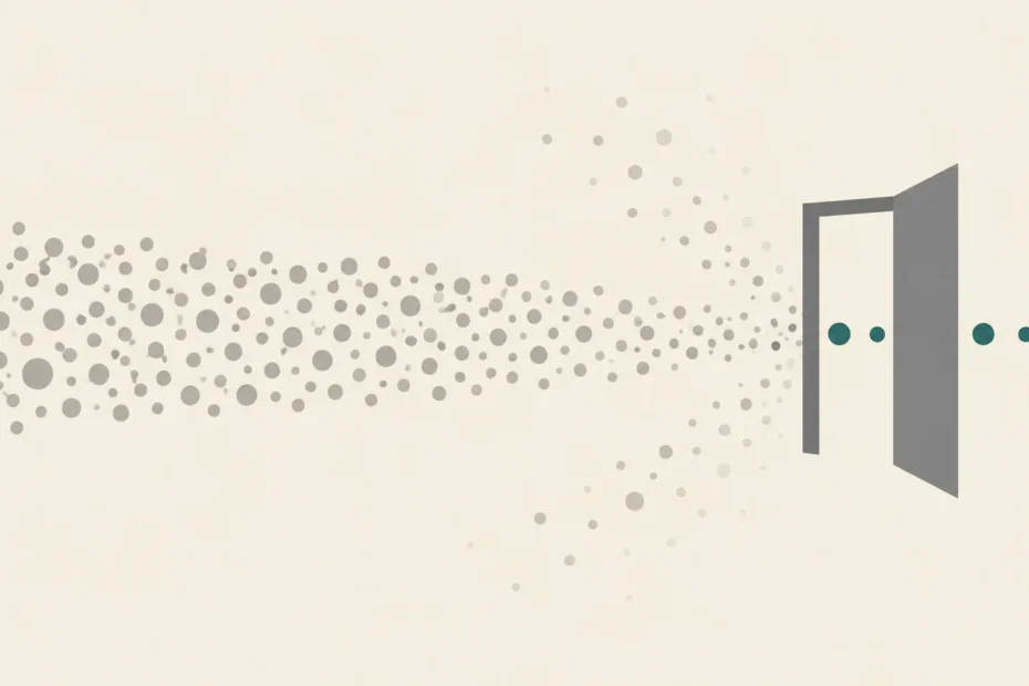 Many grey dots of traffic narrowing toward a doorway, with only a few green dots passing through